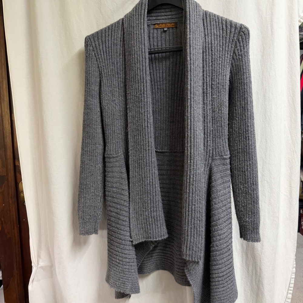 Arte Meche Gray Baby Alpaca Ribbed Open Front Cardigan Sweater Shawl Collar MD